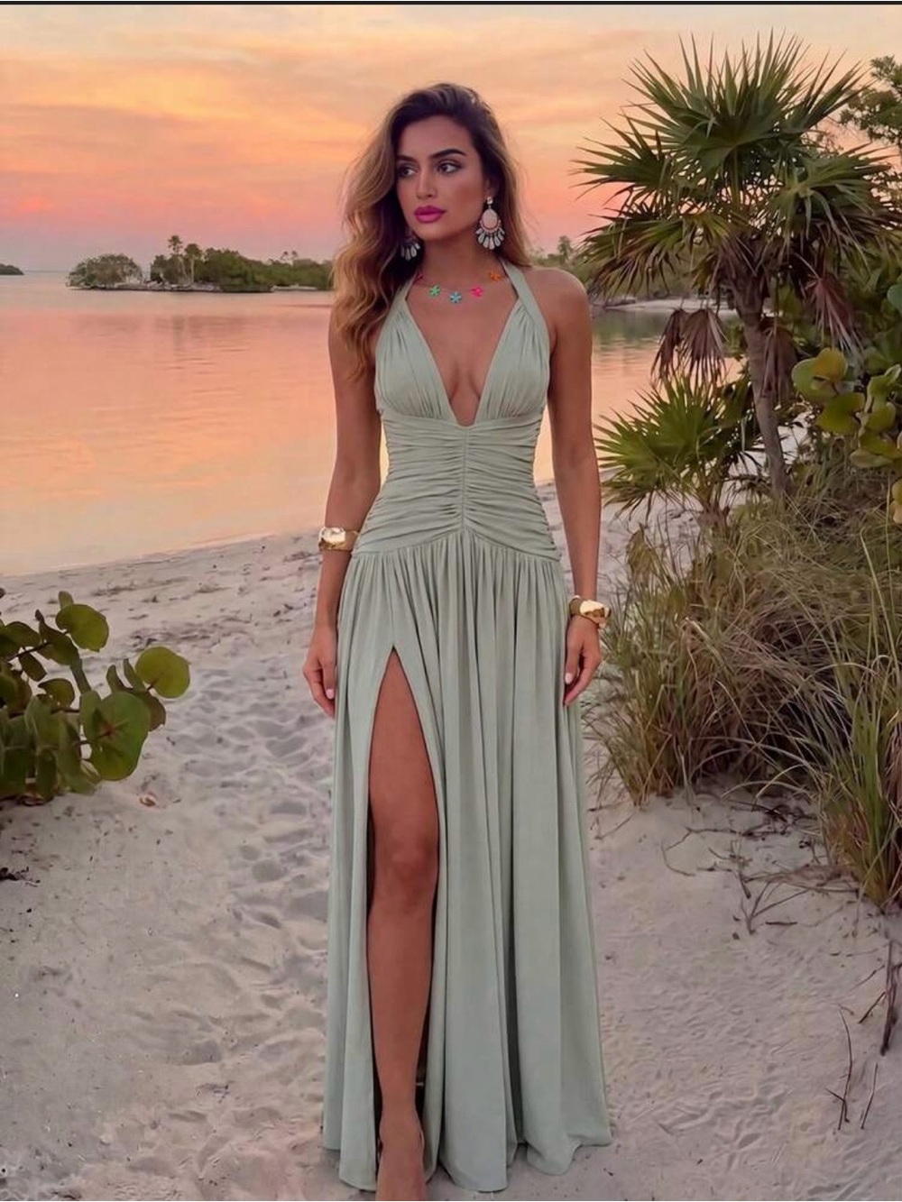 Halter Ruched Maxi Dress in Light Sage